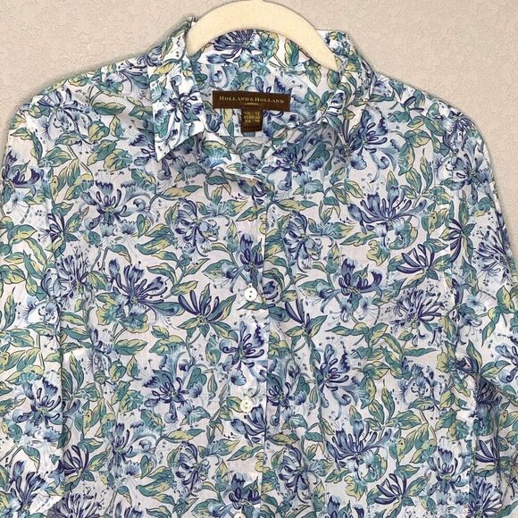 Holland & Holland London Button Down Shirt Womens US Size 10 Blue Floral - Picture 3 of 9